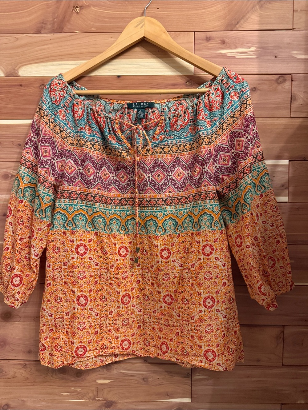 Lauren Ralph Lauren Orange Teal Printed Midi Skirt and matching Blouse - Picture 4 of 10